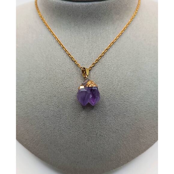 Raw Amethyst Pendant Necklace Brass Chain 16" with Lobster Clasp New - Picture 3 of 4